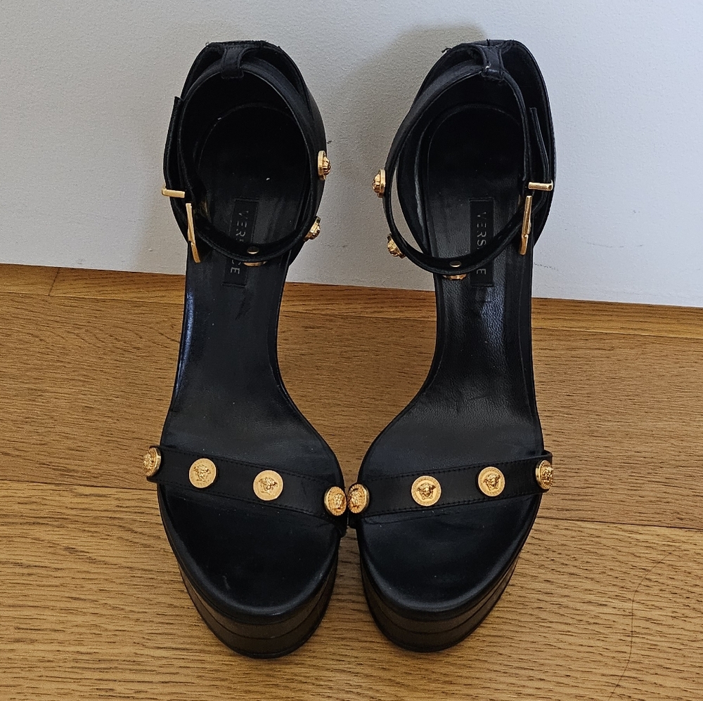 Versace Icon Black Platform Stiletto Ankle Strap Heels Gold Medallion Studs - Picture 4 of 15
